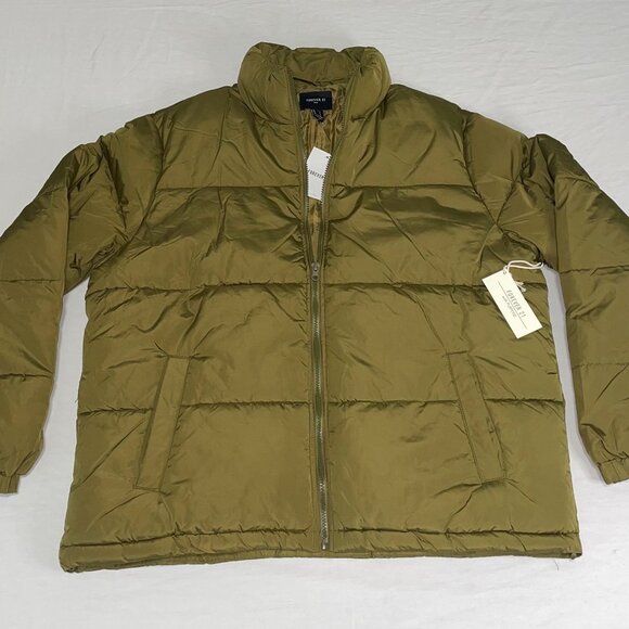 Unisex Olive Green Puffer Jacket –Lightweight Quilted Zip-Up – Forever 21 Size L - Picture 1 of 8